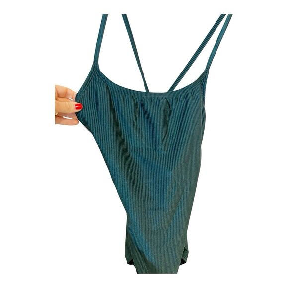 VTG Catalina Hunter Green Sheen Ribbed Onepiece Swimsuit Criss Cross Back NWT L - Picture 2 of 7